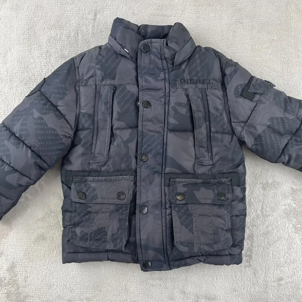 Diesel Jacket Boys 3T Black Camo Puffer‎ Zip Pockets Long Sleeve Button Up
